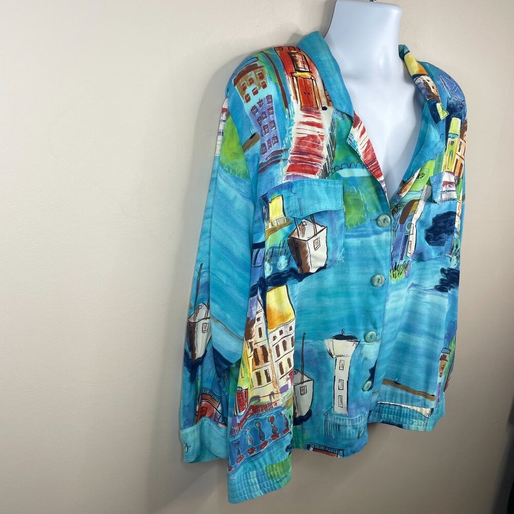 Vintage 90s Top 2X Coastal Venice Style Art To Wear Impressionist Shacket Travel - Picture 13 of 14